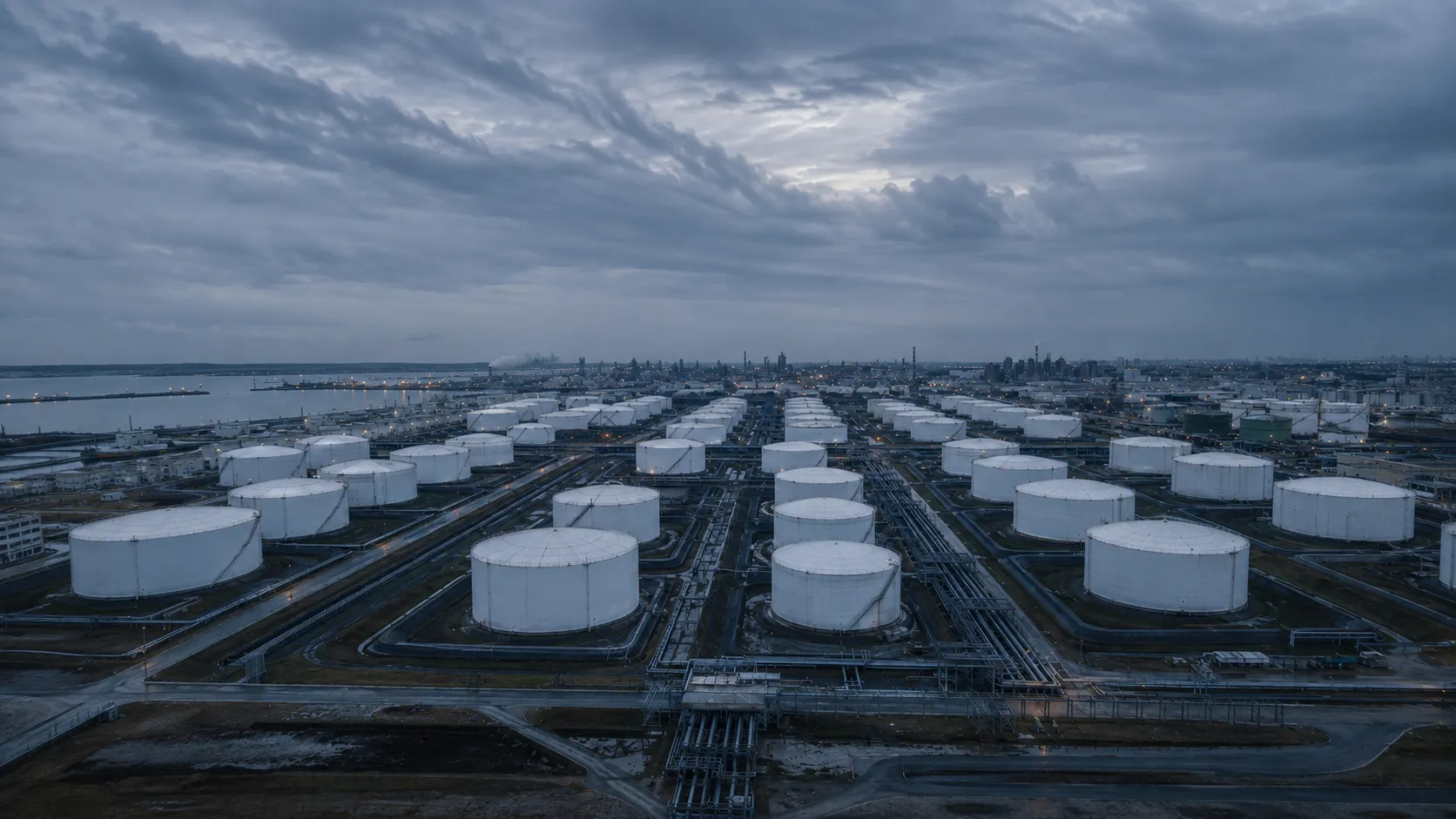 Petroleum storage tank farm at dusk