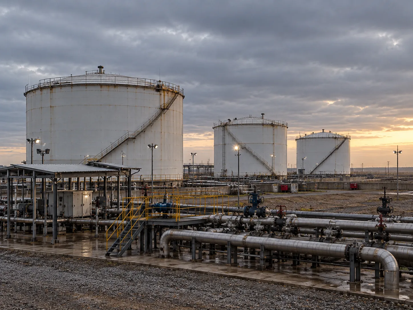 Crude oil storage tanks and pumping station